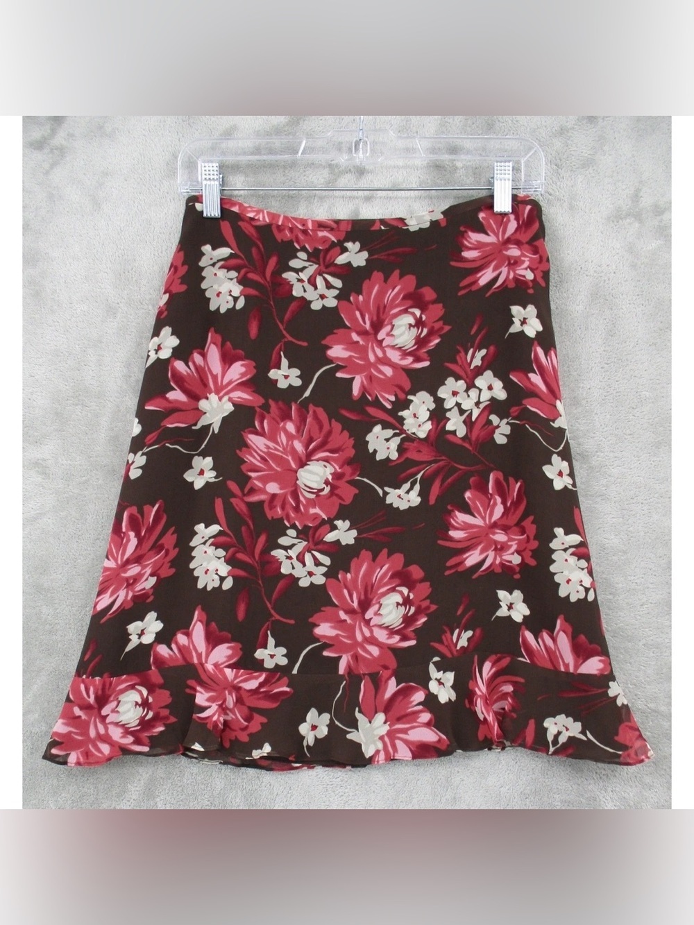Y2K vintage Ann Taylor floral silk skirt ruffle hem brown pink 10